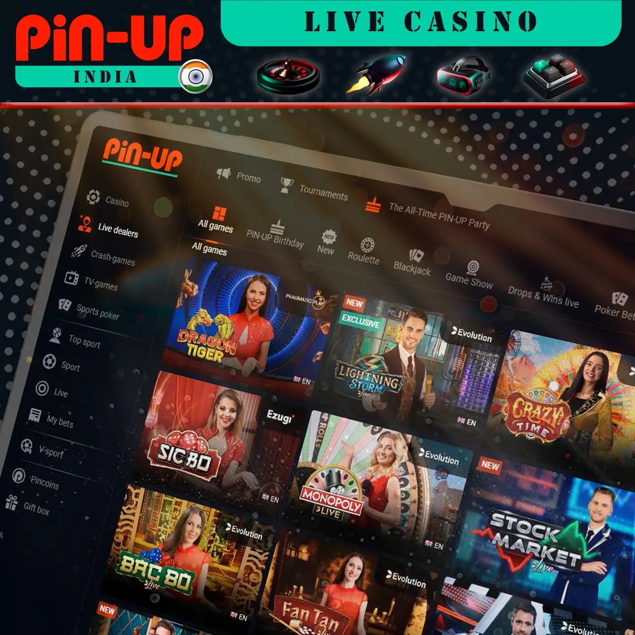 Large selection of Live Casino games at Pin-Up India